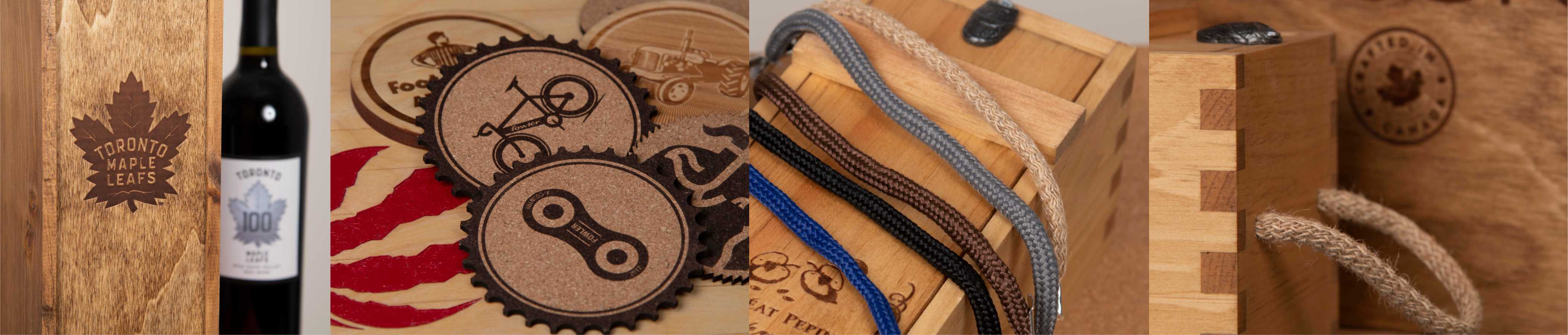 Examples of custom wine box branding, laser-cut coasters, and rope handle accessories