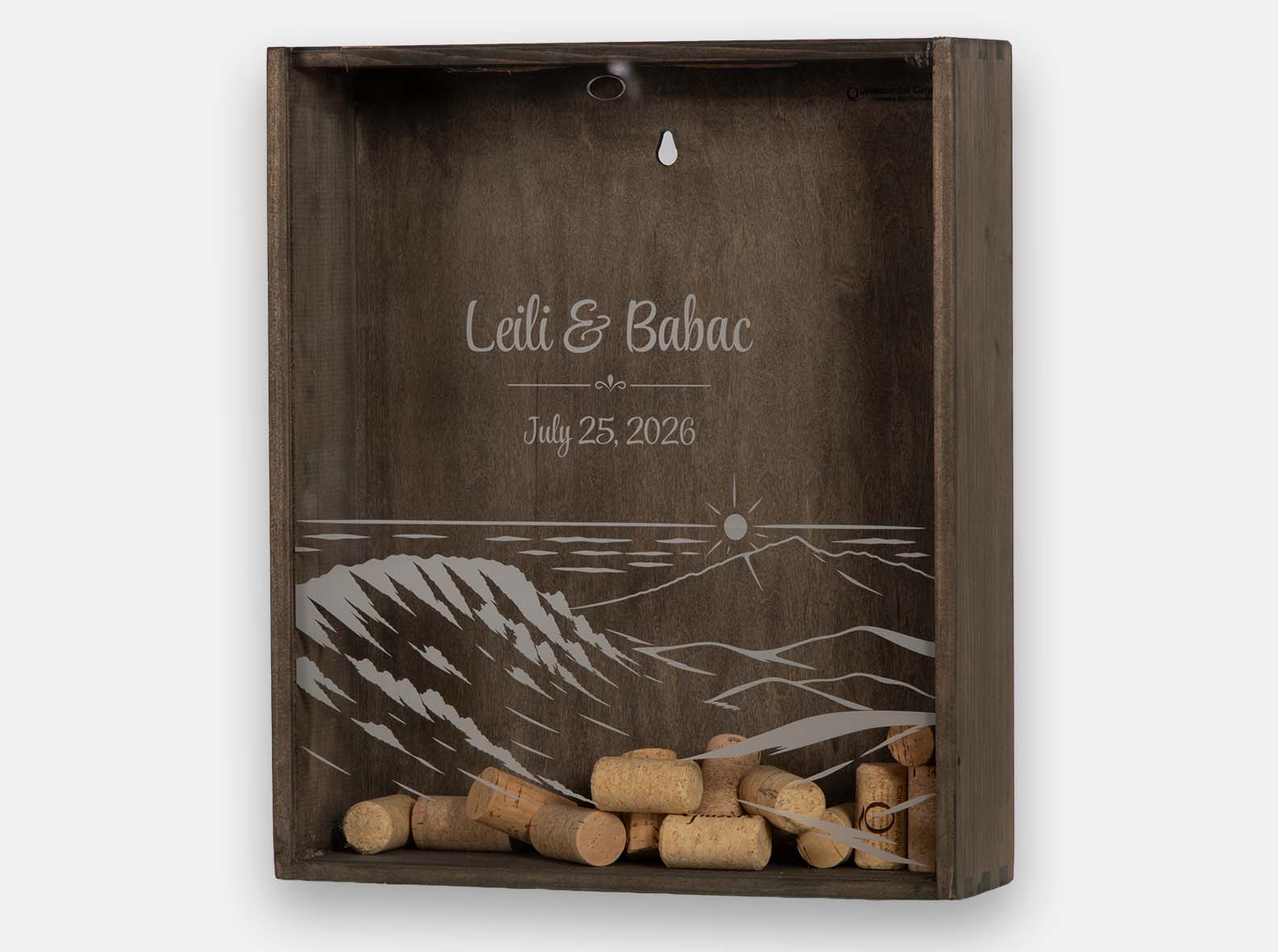 Custom wood cork-keepsake wedding box laser-engraved with a couple's names and wedding date.